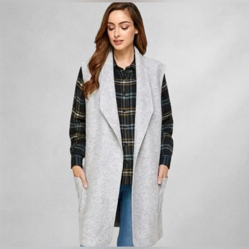 Tahari Gray Open Front Long Wool Blend Vest Cardigan Duster w/ Pockets Sz Sm